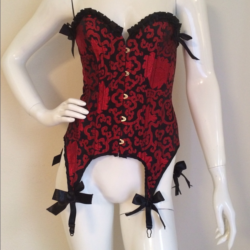 Red and black corset with garters. Size small